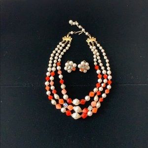 Vintage Japan triple strand necklace & earring set